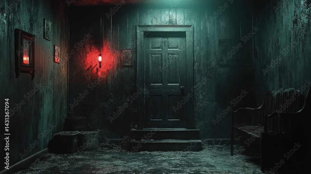 Dark creepy hallway with a door steps and a red light. Dark creepy hallway with a door steps and a red light.