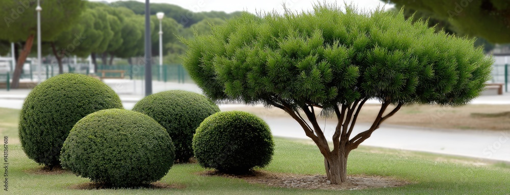 Experience a tranquil ornamental garden featuring a vibrant lawn, elegant bushes, and tall trees in a peaceful atmosphere