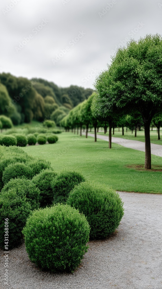 Lush greenery surrounds neatly designed tree beds and pebbles, creating an inviting atmosphere in this tranquil garden space