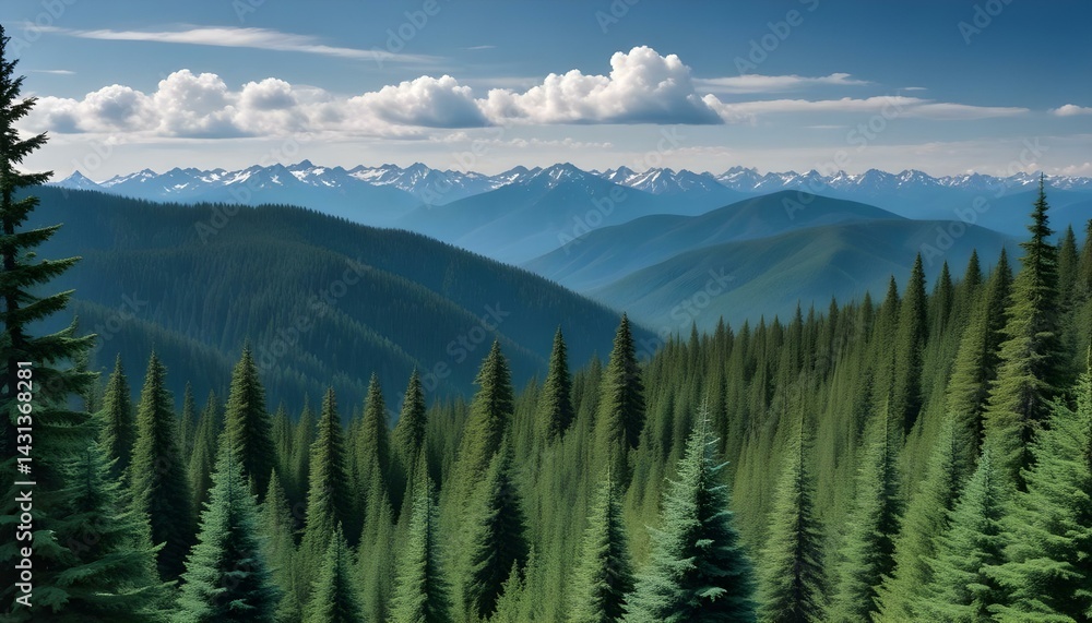 Fototapeta premium Expansive vista showcases towering evergreen trees leading to distant snow-capped mountain peaks.