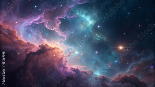 Cosmos inspired abstract background featuring layers of nebula clouds and starlight Vibrant cosmic nebula filled with stars and colorful gases in deep space.