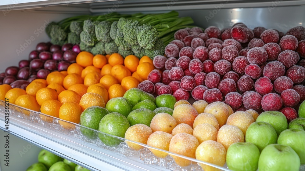 Frozen fruits and vegetables in a refrigerated display Frozen fruits and vegetables in a refrigerated display