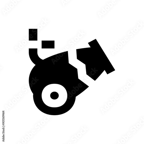 Black and white illustration of a stylized creature with a cracked head and square appendages design