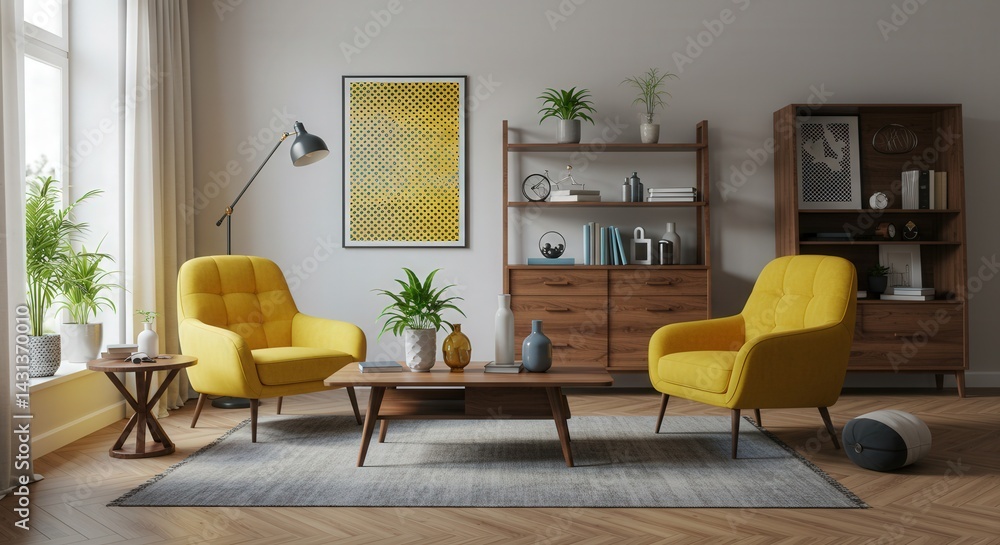 Fototapeta premium Living Room Interior with Yellow Armchairs and Wooden Furniture