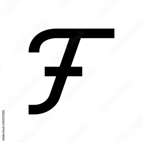 A stylized letter f in bold black against a white background with a unique and elegant design element present