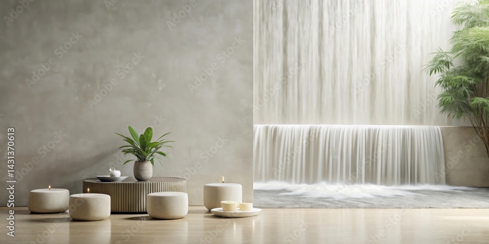Serene sanctuary featuring a calming indoor waterfall, minimalist decor, and ambient candlelight. Serene sanctuary featuring a calming indoor waterfall, minimalist decor, and ambient candlelight.