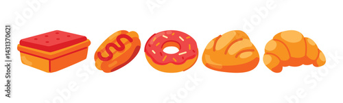 A set of cartoon-style food items including a cake, a hotdog with ketchup, a pink donut with sprinkles, a bread roll, and a croissant, all isolated on a white background
