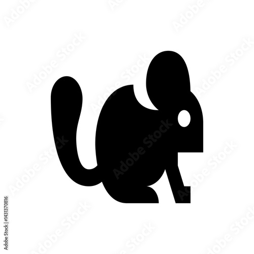 Silhouette of a rodent with a bushy tail and large ears in black and white simple illustration style