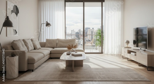 Modern Living Room Interior with Sofa and City View