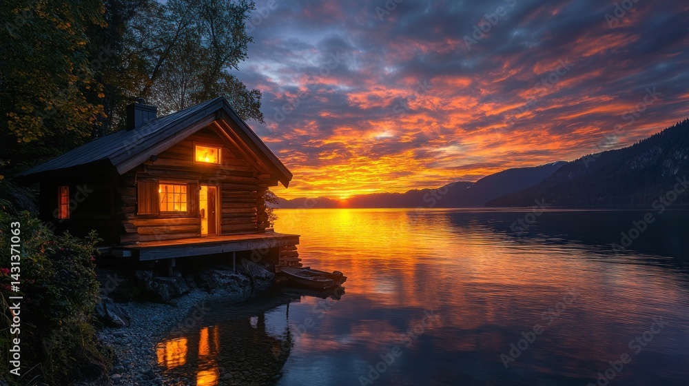 Fototapeta premium Serene Sunset at Lakeside Cabin