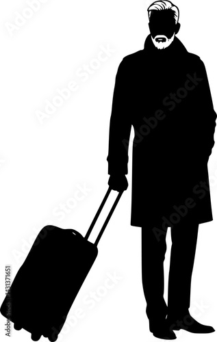 Silhouette of a person with a beard standing with a suitcase against a white background. The image is simple and graphic, conveying a sense of travel or departure vector illustration silhouette 