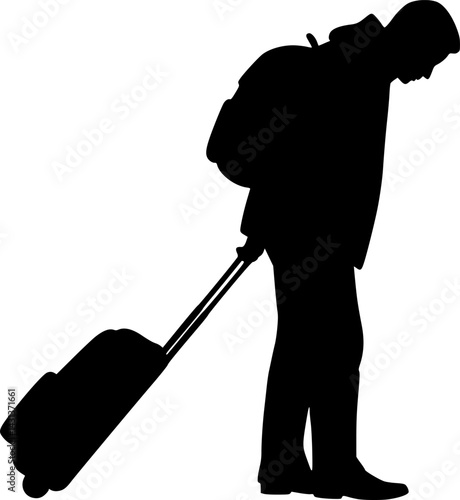 Silhouette of a person walking with his head down with a suitcase against a white background. The image is simple and graphic, conveying a sense of travel or departure vector illustration silhouette 