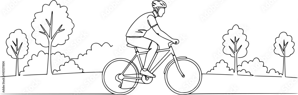 Fototapeta premium Single continuous line drawing of a Man pushing his bicycle in the park. Dynamic single-line draw design graphic vector illustration. 