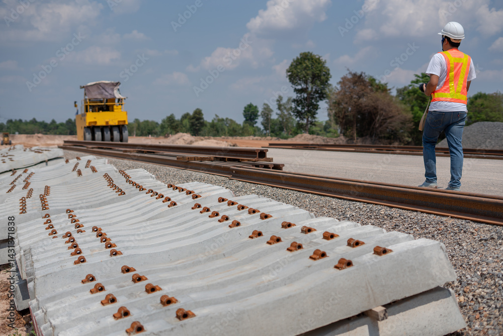 Railway construction: A focused construction worker oversees a railway's construction, with an emphasis on precision and infrastructure development.