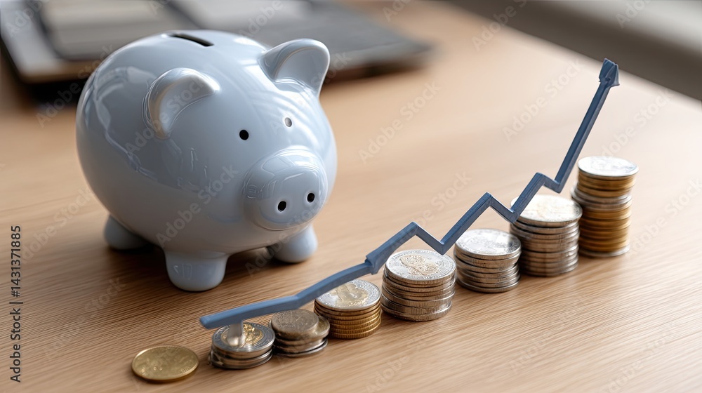Piggy bank placed next to stacks of coins and a graph indicating financial growth on a wooden table, symbolizing savings and investment