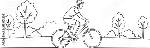 Single continuous line drawing of a Man pushing his bicycle in the park. Dynamic single-line draw design graphic vector illustration.
