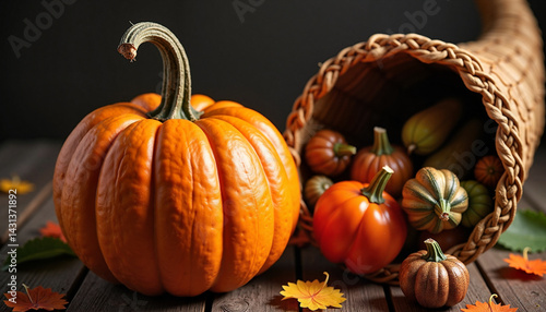 Pumpkin and Cornucopia - Cozy Autumn Harvest Display on Wooden Table  