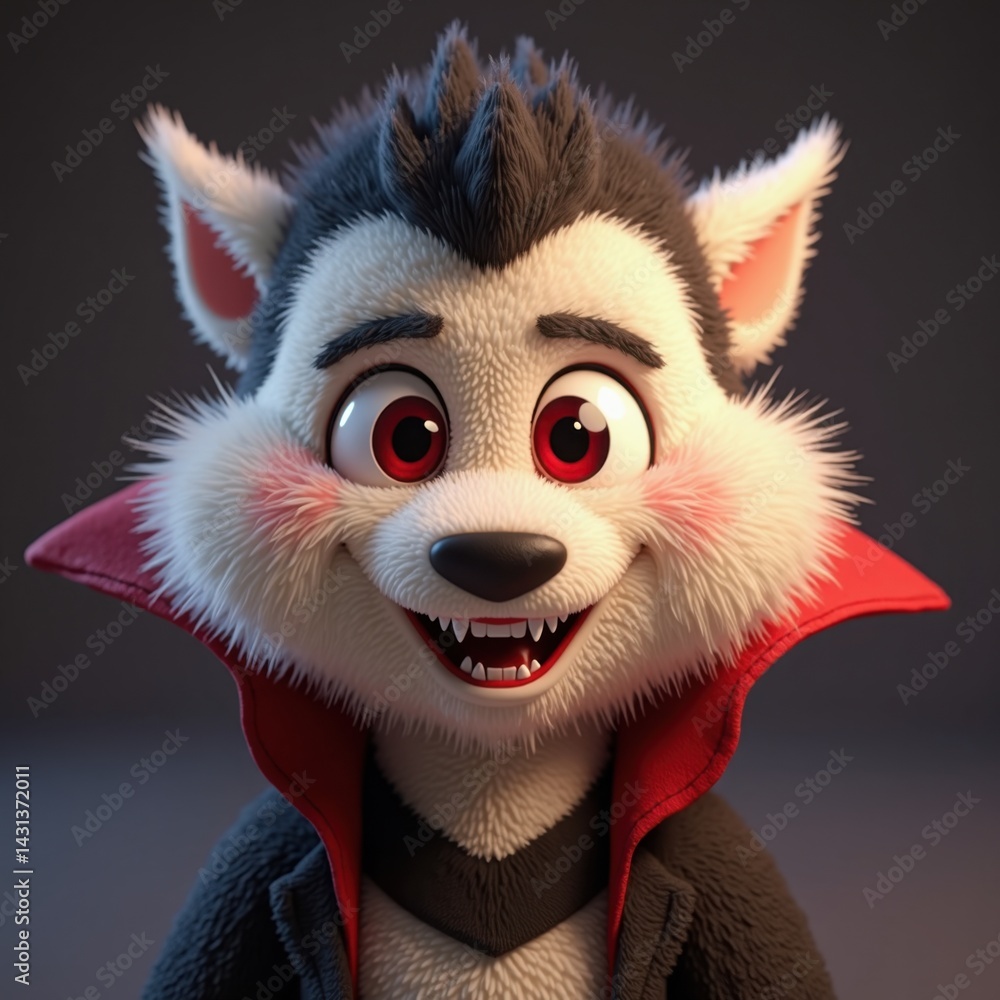 Obraz premium A friendly, cartoonish wolf character with red eyes and a playful expression, dressed in a black cape, showcasing a whimsical and animated style.