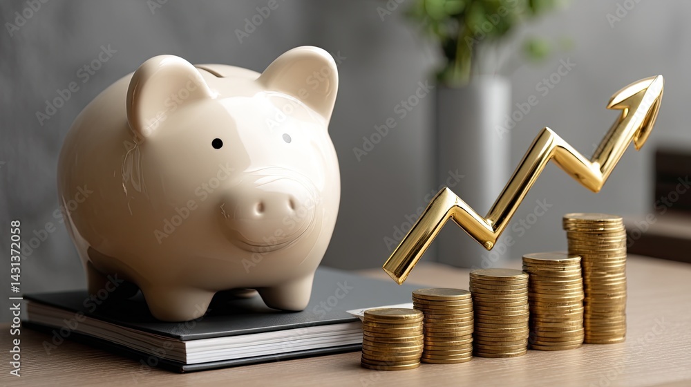 Piggy bank surrounded by stacked coins and an upward graph symbolizing financial growth and saving strategies