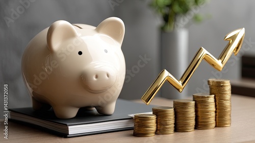 Obraz na płótnie Piggy bank surrounded by stacked coins and an upward graph symbolizing financial growth and saving strategies w salonie