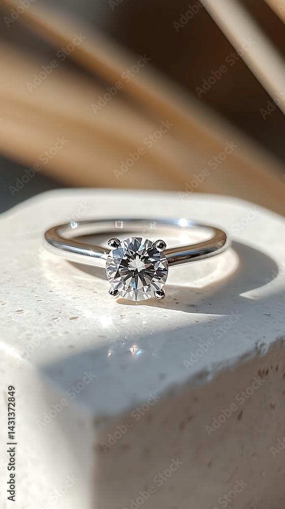 Diamond ring on reflective white stone slab Diamond ring on reflective white stone slab