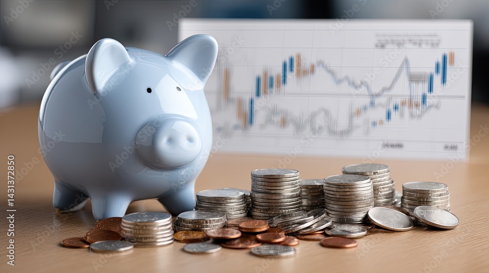 A blue piggy bank stands atop a pile of coins, highlighting financial themes with stock market graphs in the background