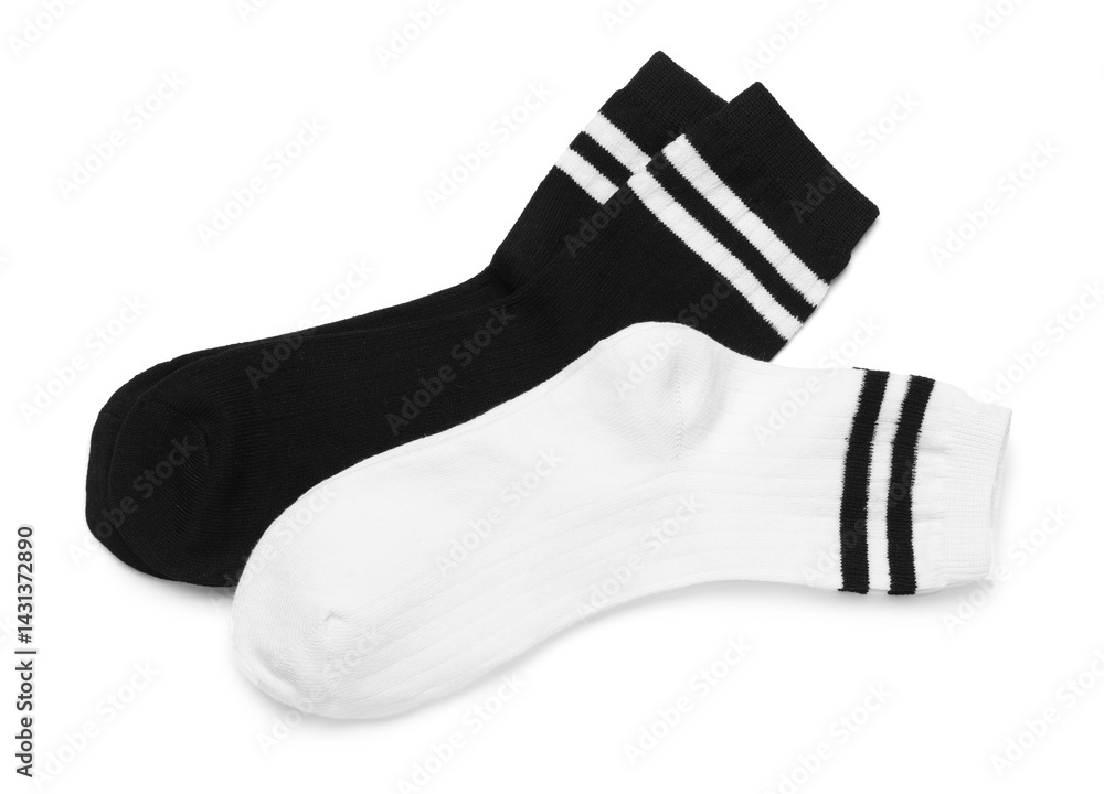 Pairs of stylish socks isolated on white, top view Pairs of stylish socks isolated on white, top view