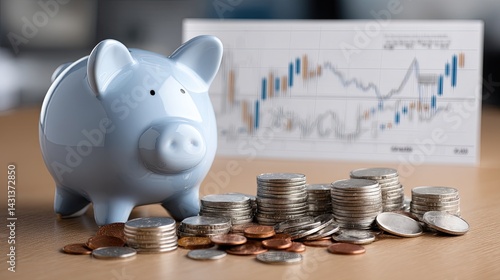Obraz na płótnie A blue piggy bank stands atop a pile of coins, highlighting financial themes with stock market graphs in the background w salonie
