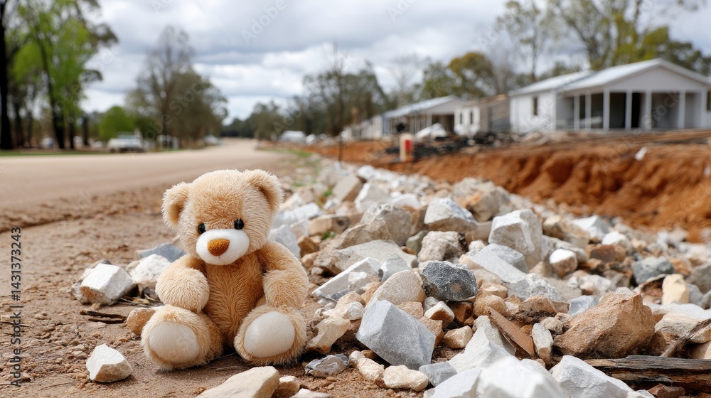 A soft teddy bear rests on the ground near a burned house in California's wine country, reflecting the aftermath of a tragic fire