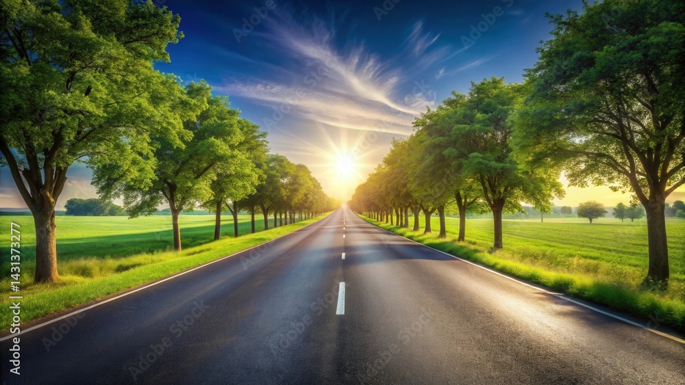 Fototapeta premium Asphalt Road Through Lush Green Trees at Sunset A Scenic Drive on a Sunny Day