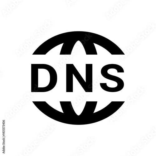 Illustration of a black dns text inside a globe shape with curved lines on a white background design concept