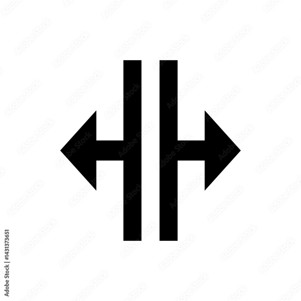 Obraz premium Black arrows pointing left and right with a white line in the middle on a white background image