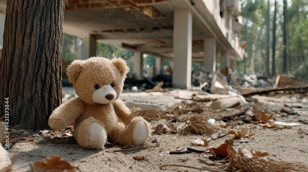 A soft teddy bear rests on the ground near a burned house in California's wine country, reflecting the aftermath of a tragic fire