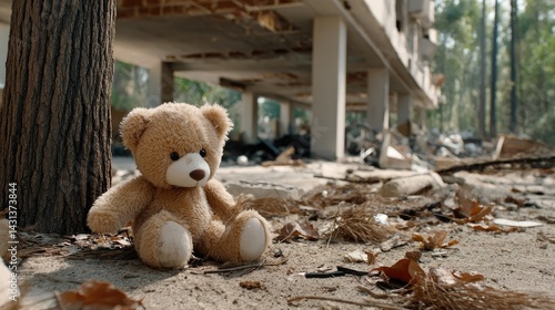 Obraz na płótnie A soft teddy bear rests on the ground near a burned house in California's wine country, reflecting the aftermath of a tragic fire w salonie