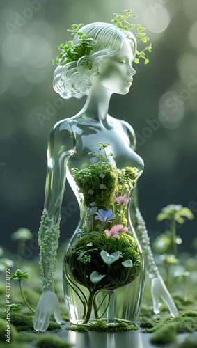 Glass Woman with Internal Garden in Soft Green Light