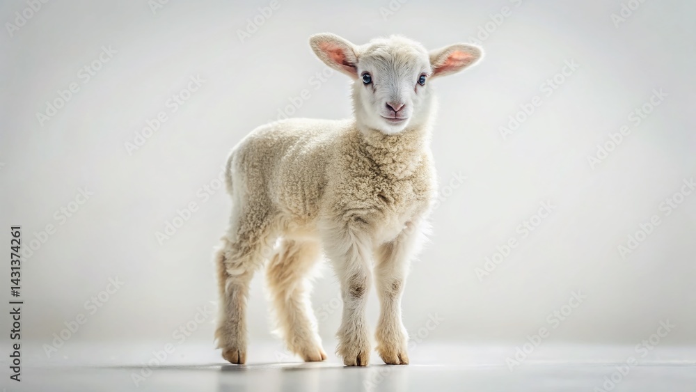 Fototapeta premium Adorable Baby Lamb on White Background - Panoramic Stock Photo