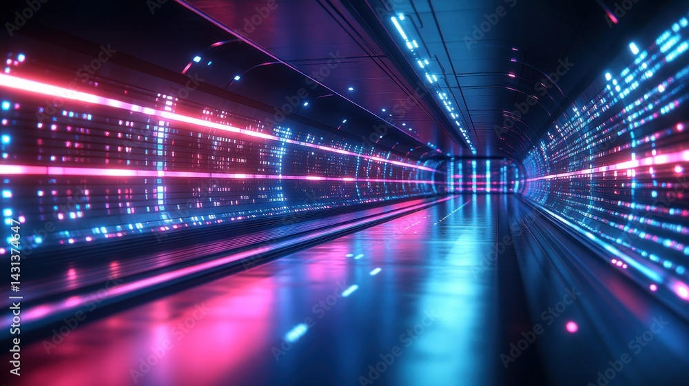 Futuristic neon tunnel with data stream