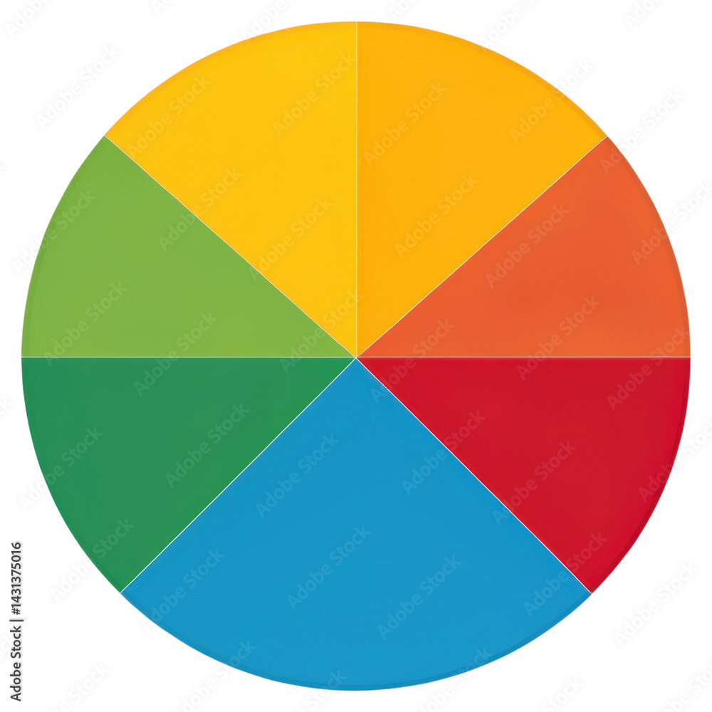 A circular color wheel divided into eight equal segments featuring bright, solid colors: green, yellow, orange, red, blue, and more. A circular color wheel divided into eight equal segments featuring bright, solid colors: green, yellow, orange, red, blue, and more.