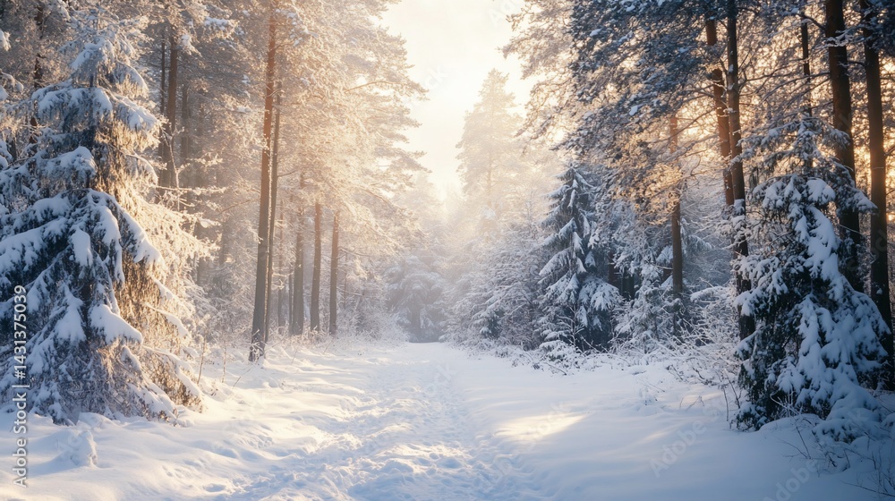 Obraz premium winter, forest, snow, landscape, nature, trees, white, season, cold, path, woods, sunlight, scenic, frost, frozen, beauty, wintertime, snowy, wonderland, peaceful, natural, outdoosunlight beaming down