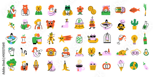 Groovy hipster 90s style avatars, logos, icons stickers illustrations set. Collection of trendy retro doodle illustrations for the patches, stickers, labels, tags, stamps.
