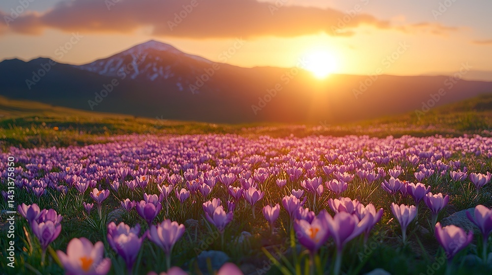 Obraz premium Scenic mountain sunrise with blooming crocuses in foreground, peaceful winter-to-spring transition 
