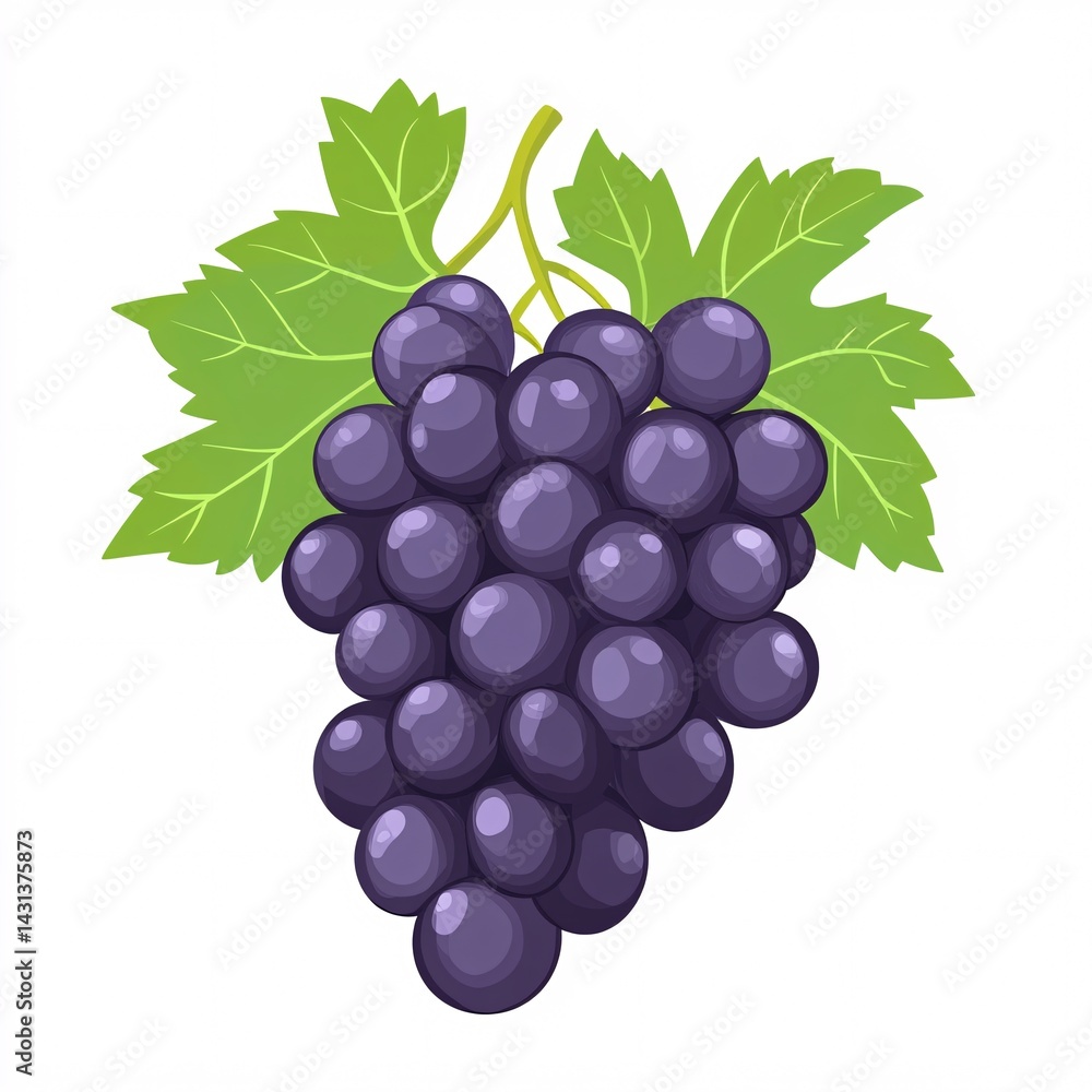 Fototapeta premium Detailed Flat Design of Fresh Grapes Surrounded by Delicate Foliage