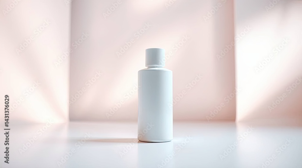 Empty, white cosmetic bottle displayed against a pale pink backdrop. Empty, white cosmetic bottle displayed against a pale pink backdrop.