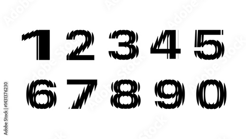 Hologram break distort numbers on black background. Vector cartoon illustration. Numbers from 1 to 10 with the effect of glass, refraction. 