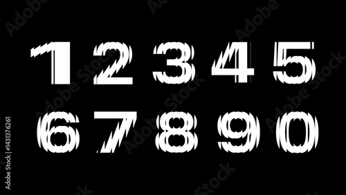 Hologram break distort numbers on black background. Vector cartoon illustration. Numbers from 1 to 10 with the effect of glass, refraction. 