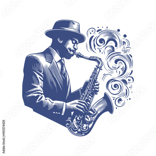 vector of a jazz musician in a hat playing his saxophone, pop art illustration of a jazz musician