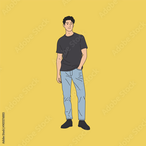 Vector illustration Confident young man in a black t-shirt and light jeans standing casually on a yellow background.