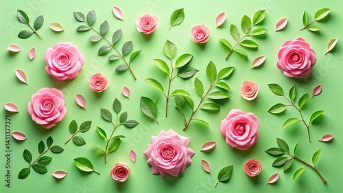Pastel Pink Roses and Lush Green Leaves Arranged on a Soft Green Background A Delightful Floral Composition