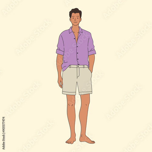 Vector illustration Barefoot young man in a purple shirt and beige shorts, standing casually with a relaxed smile.
