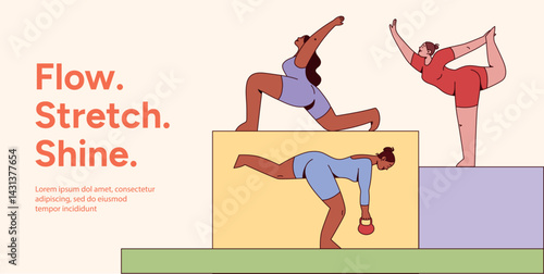 Set of Women Performing Strength and Balance Poses on Platforms. Kettlebell, Yoga, Stretching Concept. Home Fitness and Wellness Theme. Vector illustration design for posters, banners, social media